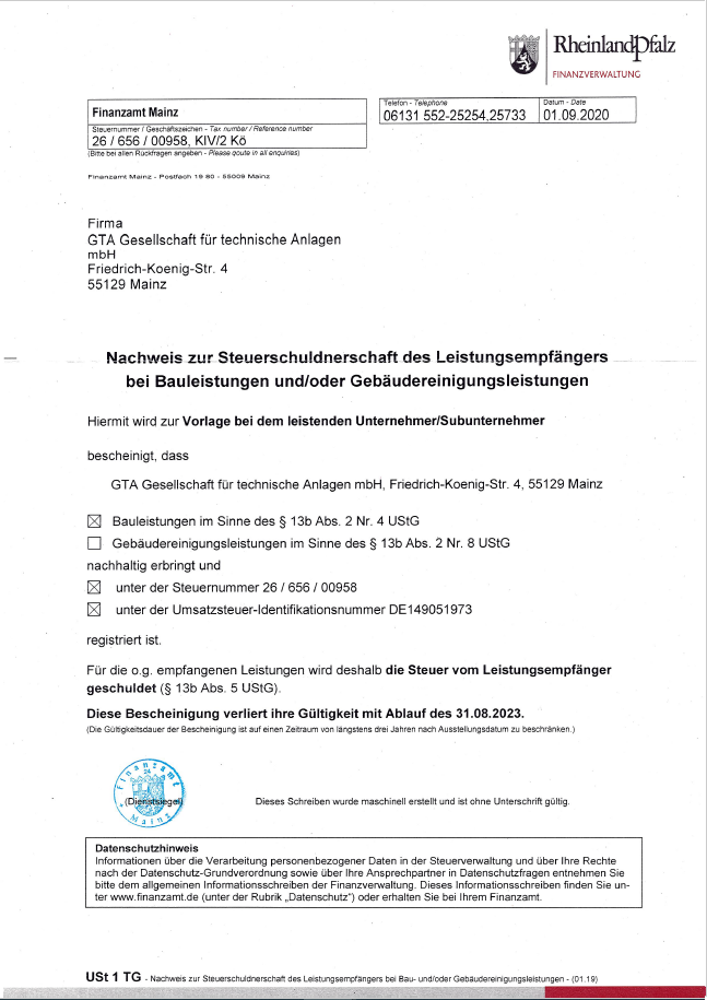 Nachweis Steuerschuldnerschaft